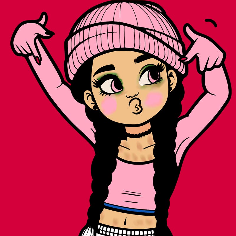 realistic teenage girl with braids and a beanie and crop top doing 🫶🏼