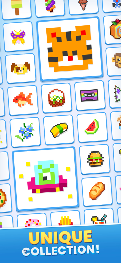 Screw Art: Pixel Art Games - A diverse collection of colorful pixel art icons including animals and food in Screw Art