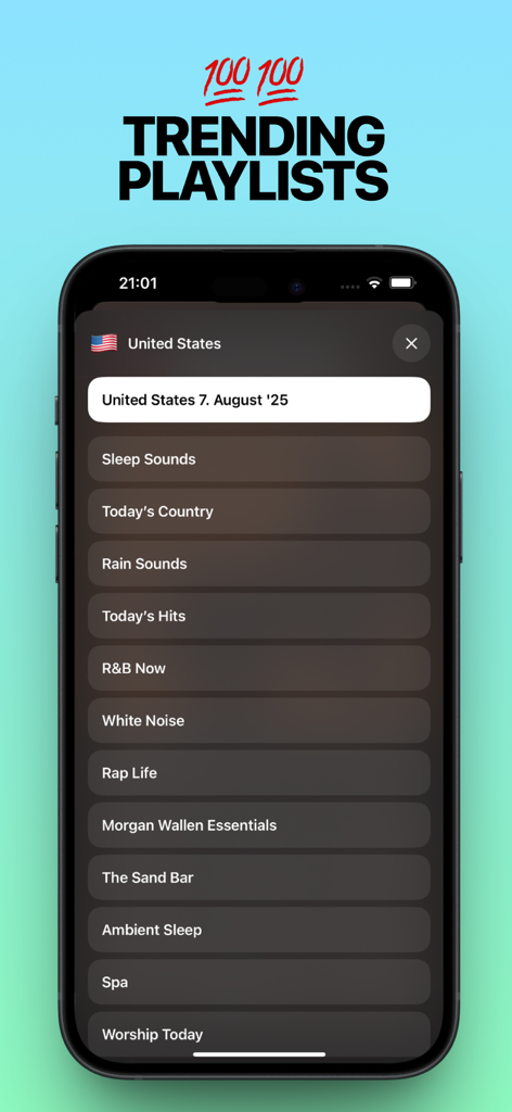 Global Charts: Music Player - iPhone screen displaying a list of trending music playlists for the United States in the Global Charts app