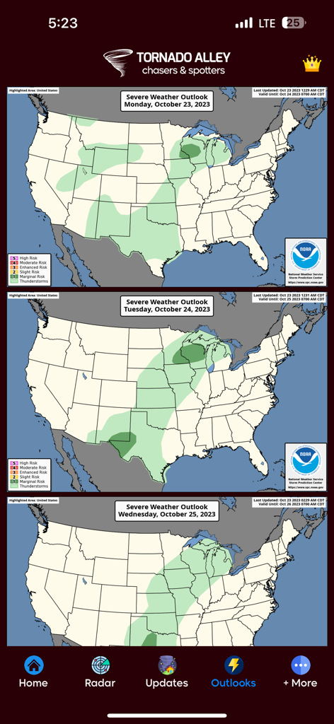 Tornado Alley Weather Center - Mapas de pronóstico de clima severo de tres días para los Estados Unidos que muestran áreas de riesgo de tormentas en la aplicación Tornado Alley Weather Center.