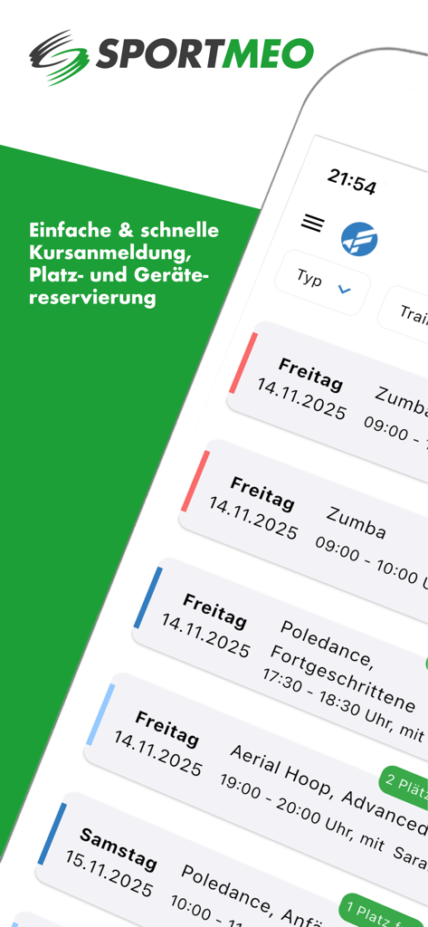 SPORTMEO Kursverwaltung & mehr - SPORTMEO mobile app interface showing a schedule of fitness classes like Zumba and Poledance for easy registration