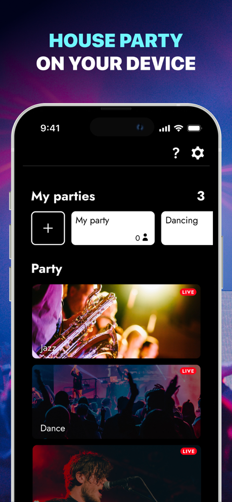 Club Lighting - Strobe Flash - Una interfaz de aplicación móvil titulada House Party on Your Device que muestra transmisiones de música en vivo y funciones de organización de fiestas