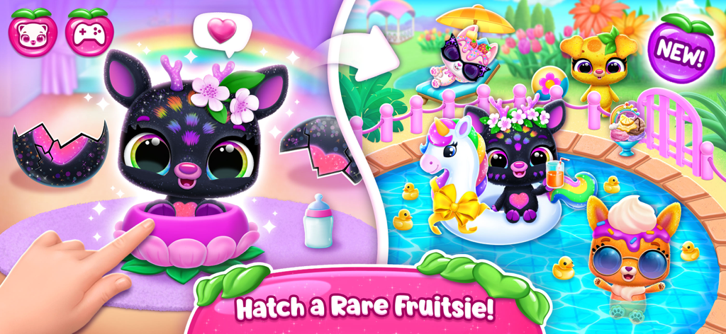 Fruitsies - Pet Friends - Hatching a rare glittery fruit pet in Fruitsies with other pets swimming in a pool