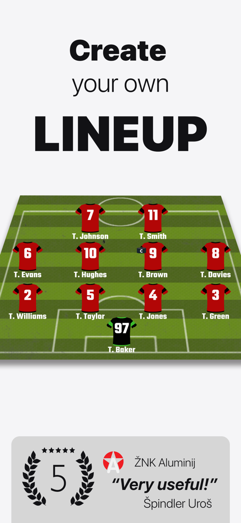 Custom soccer lineup graphic with player names and jersey numbers on a virtual pitch
