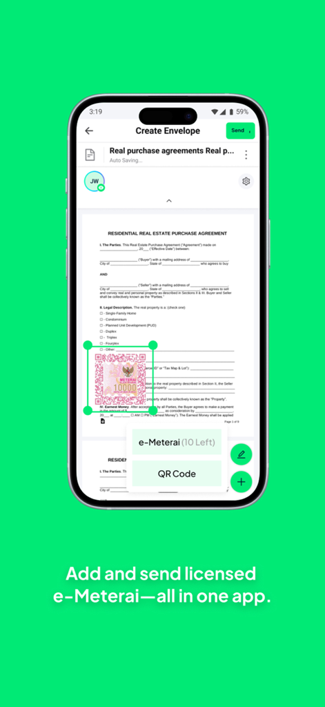 VIDA - Scan, e-Sign, e-Meterai - Tela de smartphone mostrando o aplicativo VIDA adicionando um selo digital e-Meterai a um contrato de compra de imóvel.