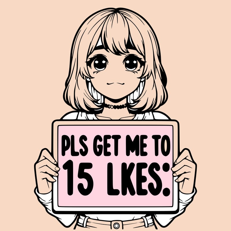 realistic girl holding up a sign that says “pls get me to 15 likes!”