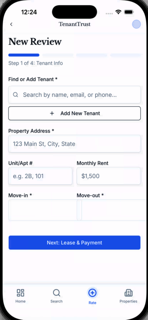 TenantTrust for Landlords - Mobile screen for adding a new tenant review with fields for property address monthly rent and move-in dates