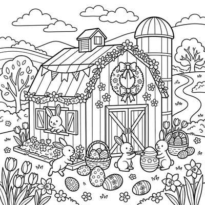 Welcome to a festive farm scene where adorable bunnies are celebrating Easter at a charming dairy barn. This delightful coloring page is packed with springtime cheer, perfect for little artists.