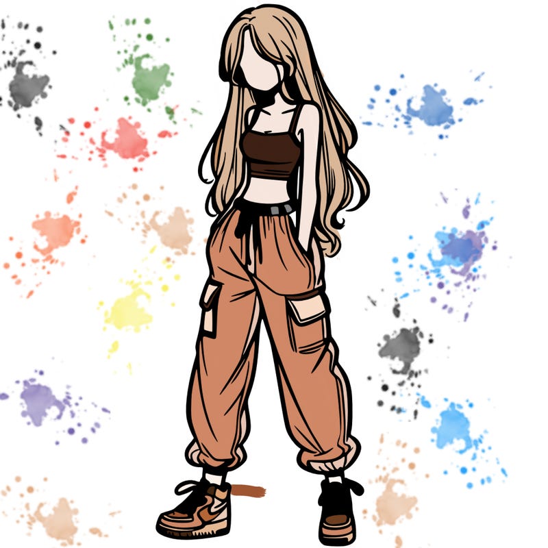 girl in baggy pants crop top and long hair