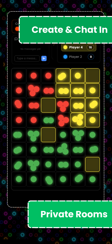 Chain Reaction(Online) - Gameplay screen of Chain Reaction Online showing private rooms and social chat features with a board of glowing colored atoms