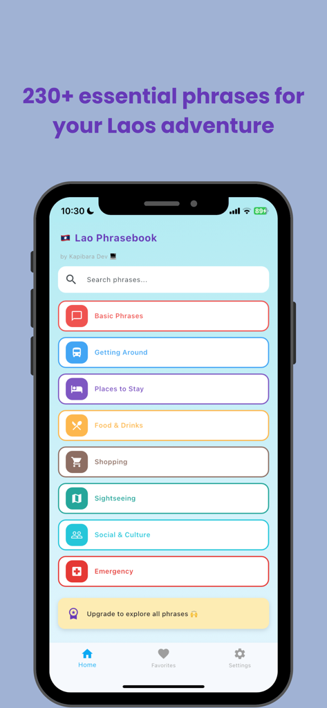 Lao Phrasebook - Home screen of the Lao Phrasebook app displaying travel phrase categories like basic phrases and sightseeing
