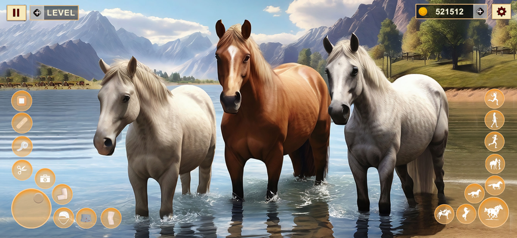 Three horses standing in water with game interface icons for care and actions