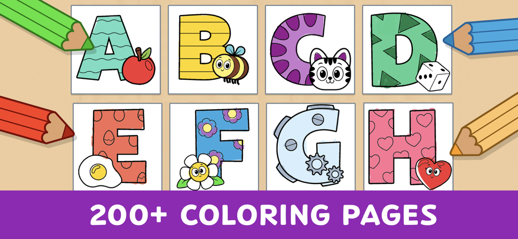 Illustrated alphabet coloring book pages showing letters A through H with cute characters and patterns for kids