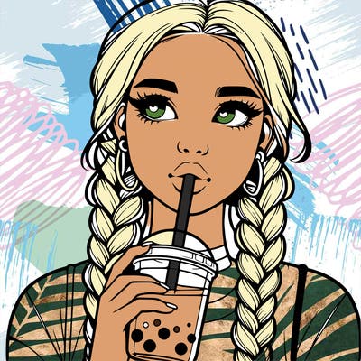 realistic girl with braided hair drinking boba