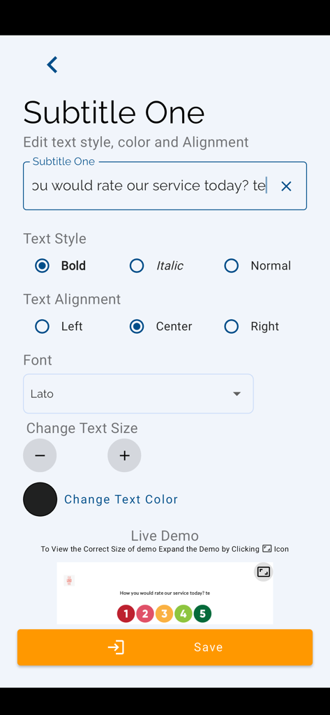 Interface for customizing the survey subtitle with options for text style, alignment, font, and color.