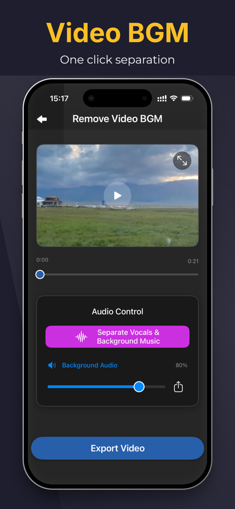 Interface iPhone montrant la fonctionnalité de suppression de BGM vidéo avec séparation en un clic des voix et de la musique de fond