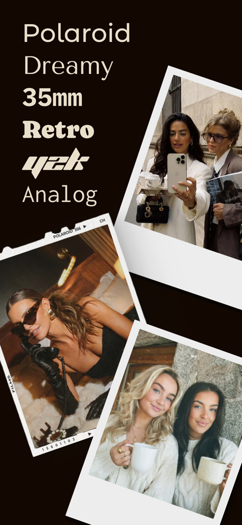 Screenshot der radcam-App mit Vintage-Filmfiltern und Rahmen im Polaroid-Stil mit Textlabels wie 35mm, Retro und Y2K.