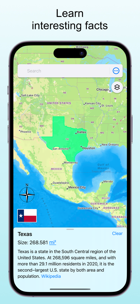 TrueWorld Maps: Country Facts - Uno screenshot dell'app TrueWorld Maps che mostra una mappa degli Stati Uniti con il Texas evidenziato in verde e una finestra pop-up con fatti geografici interessanti sullo stato.