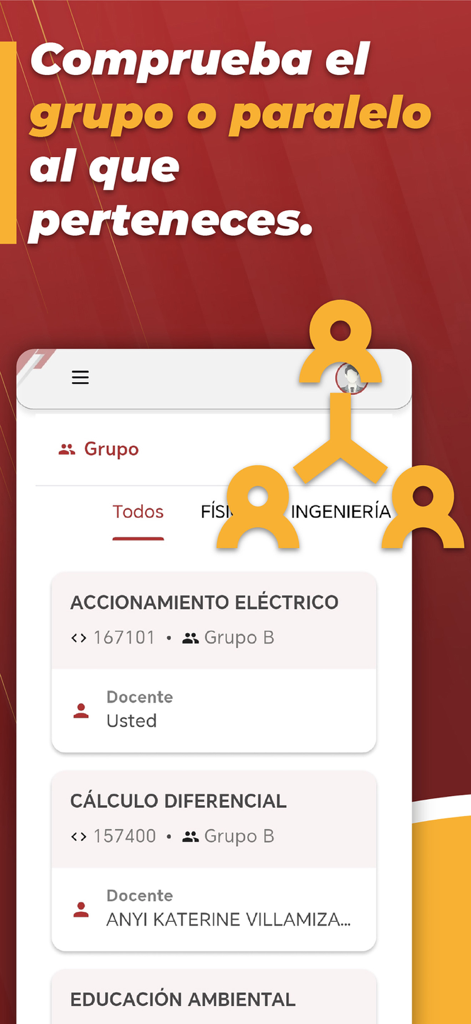 Mi Campus UP - Interface de l'application Mi Campus UP montrant les groupes de cours universitaires et les professeurs assignés.