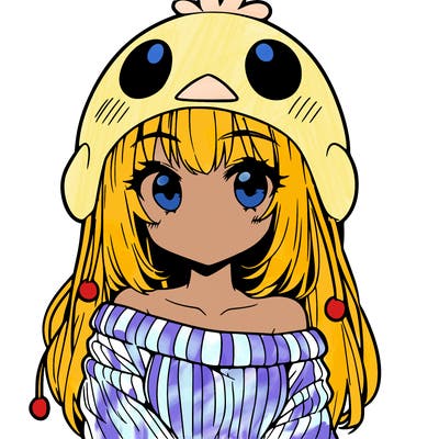 anime girl with chick shaped hat with sweater with bare shoulders with bangs covering them one eye with low tail