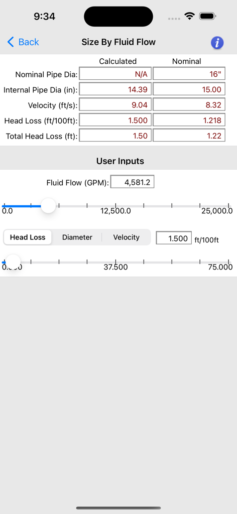 HVAC Pipe Sizer - Liquid - HVAC Pipe Sizer Liquid app screen showing pipe diameter calculations based on fluid flow