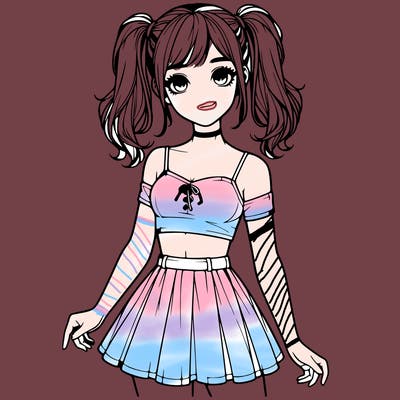 realistic girl in a skirt crop top and pigtails