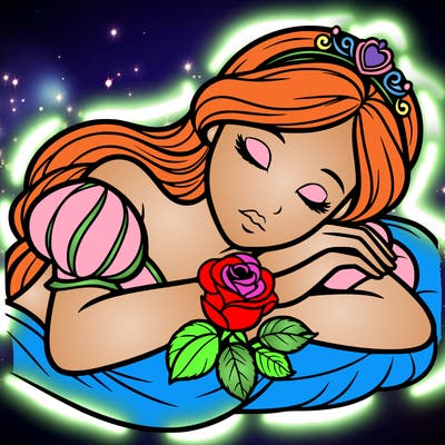 a fairytale princess sleeping with her hands crossed on her chest and a rose on her chest realistic