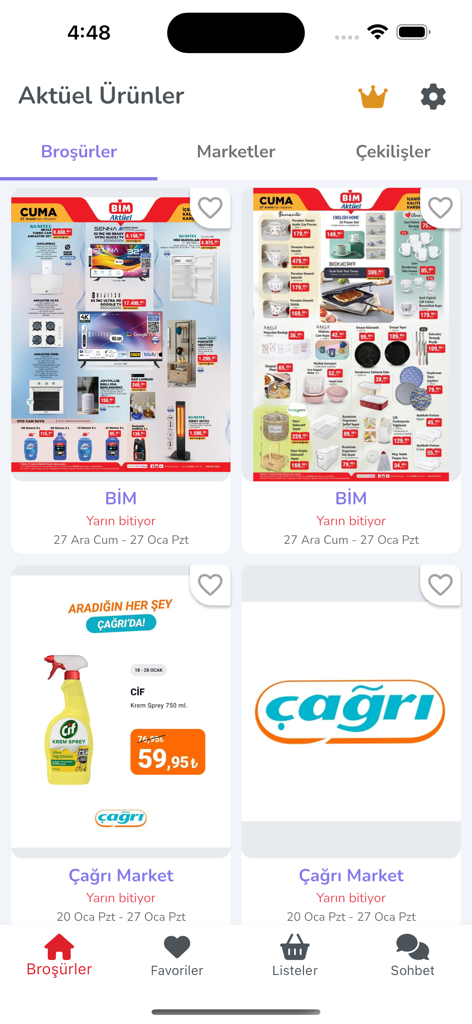 Aktüel Ürünler - Tüm Marketler - Aktüel Ürünler app displaying weekly discount brochures for Turkish markets like BIM and Cagri