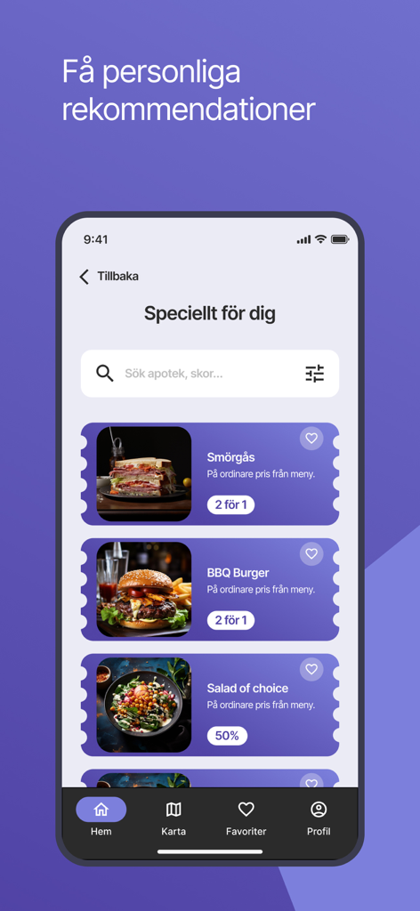 RC-Appen by Restaurangchansen - RC-Appen interface displaying personalized food offers including 2-for-1 burgers and sandwiches