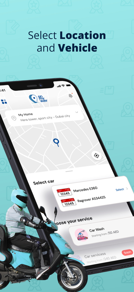 On My Way: Car Wash - On My Way app screen for selecting location and vehicle for a car wash service.
