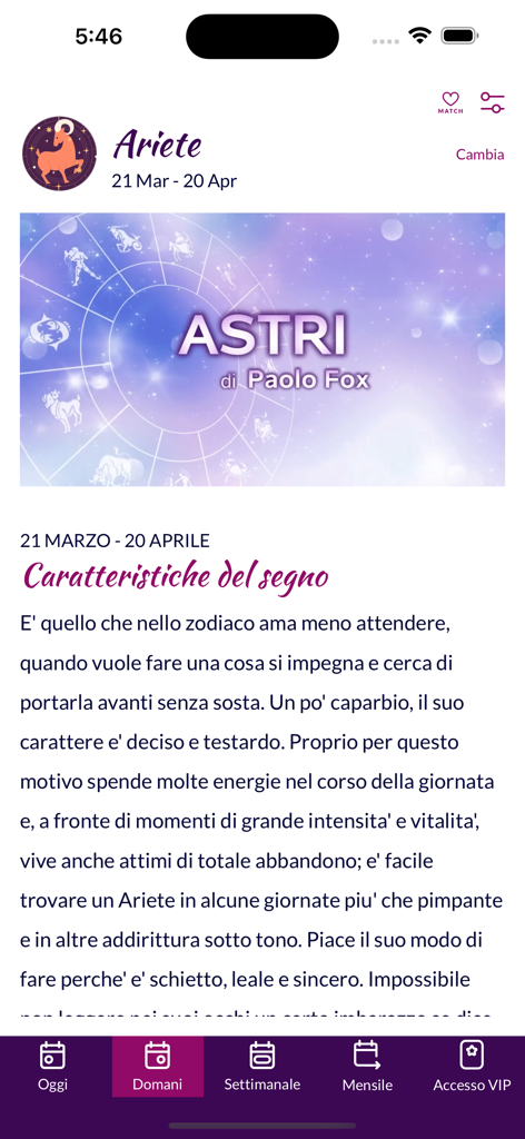 Astri di Paolo Fox - Descrizione delle caratteristiche del segno zodiacale dell'Ariete sullo schermo dell'app Astri di Paolo Fox