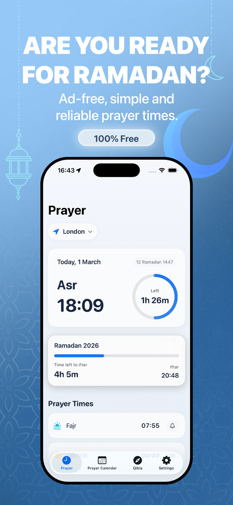 Vaktim: Prayer Times & Qibla - Vaktim app screen showing prayer times and a Ramadan Iftar countdown