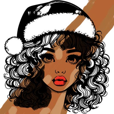 realistic girl with a santa hat curly hair and lips