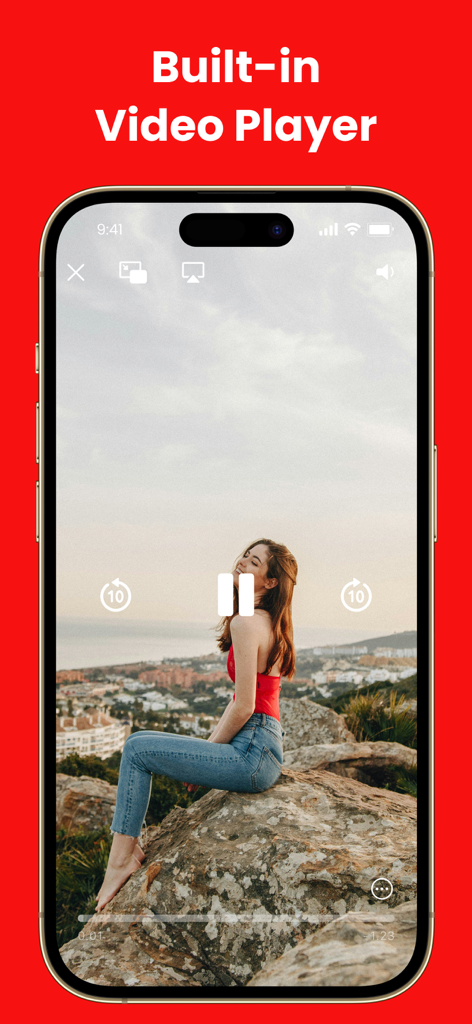 Video Downloader - All in One - Interface of the built-in video player showing a woman sitting on a scenic rock