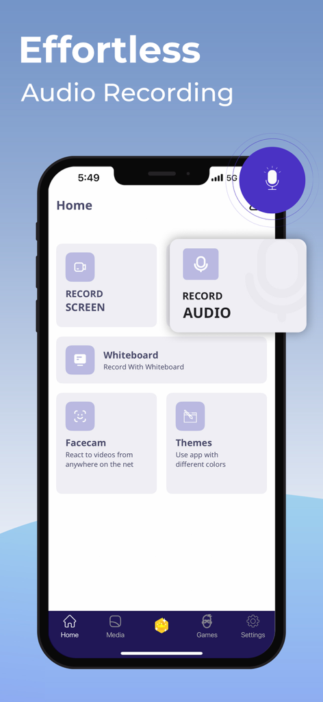 Screen Recorder: Create & Edit - Mobile app interface of Screen Recorder showing the audio recording feature and main menu options