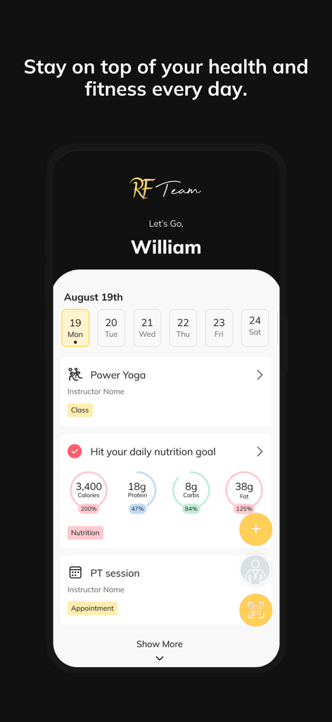 RF TEAM mobile app interface showing a daily schedule for yoga nutrition and personal training