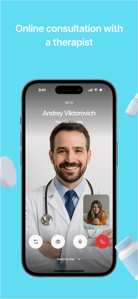 EduMed Plus - Pantalla de la aplicación EduMed Plus que muestra una consulta de video en línea con un terapeuta profesional.