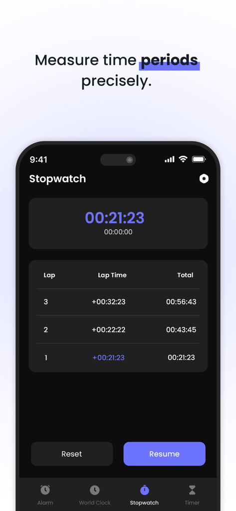 Clock : Alarm Clock & Timer - Stopwatch screen of the Clock app displaying lap times and precise time measurement