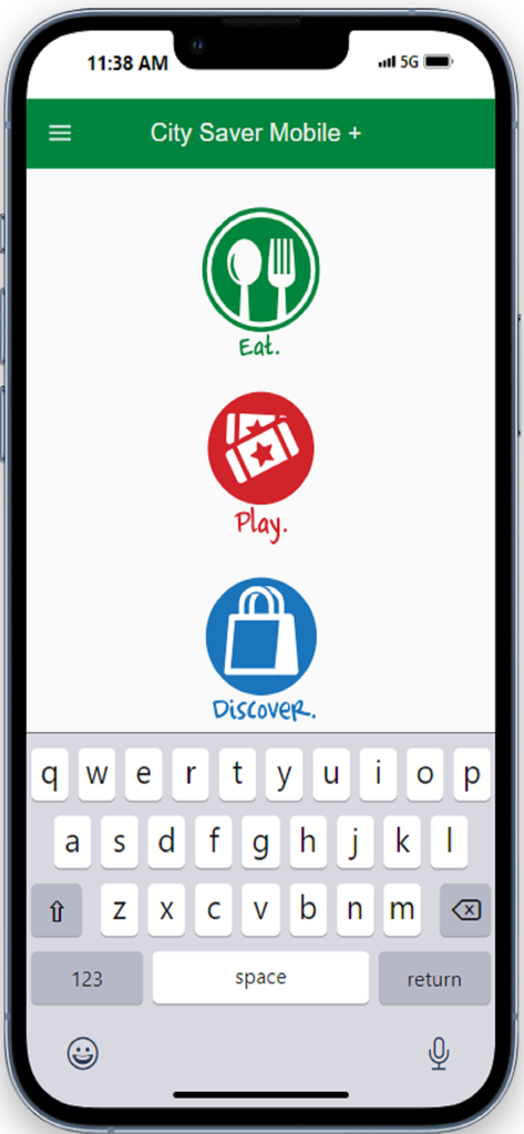 City Saver Mobile Plus - City Saver Mobile Plus app interface showing categories for Eat Play and Discover