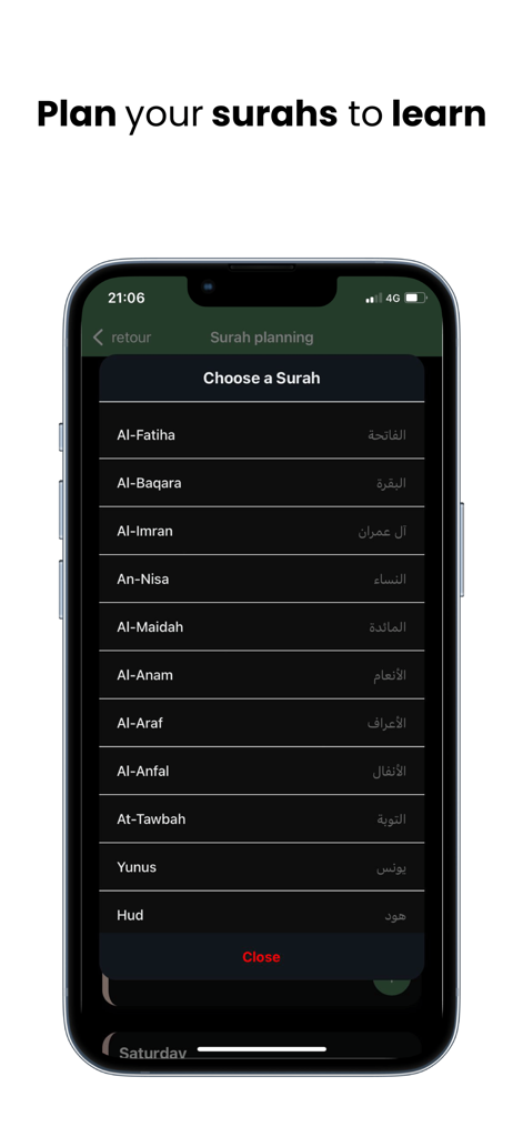 Taqwa Planner - Tela de smartphone mostrando a interface de planejamento de Surahs no aplicativo Taqwa Planner.