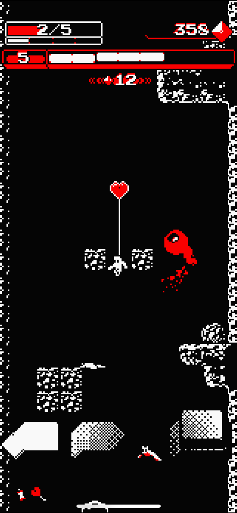 Downwell - A character falling down a well in the minimalist pixel art game Downwell with red and white colors on a black background.