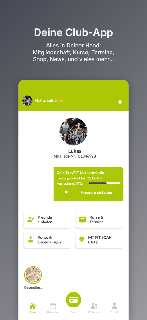 EasyFIT - Tela inicial do aplicativo móvel EasyFIT mostrando o perfil do membro, status da academia e menu de navegação