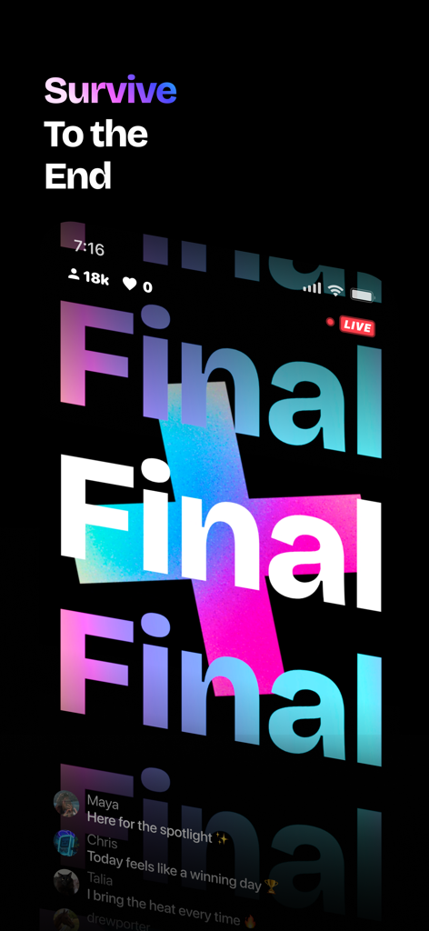 Interface do aplicativo Sway mostrando a rodada final de um game show ao vivo com chat de espectadores em tempo real