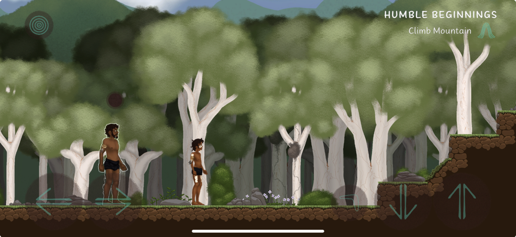 Djaa - Gameplay 2D en défilement latéral de Djaa présentant des personnages dans un environnement forestier traditionnel Kabi Kabi avec l'objectif de grimper la montagne