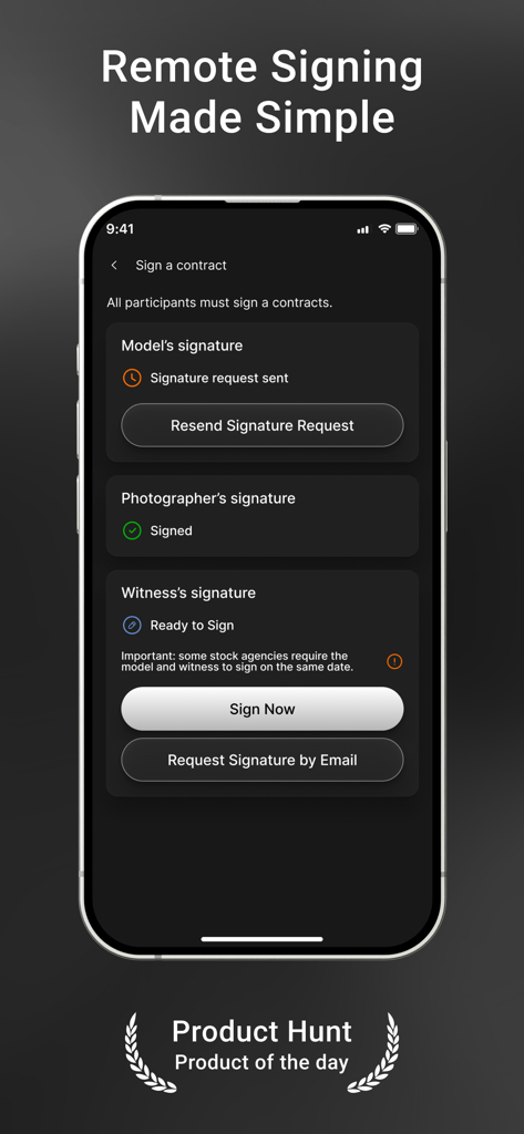 SnapSign app screen for remote model release signing showing signature status for model photographer and witness