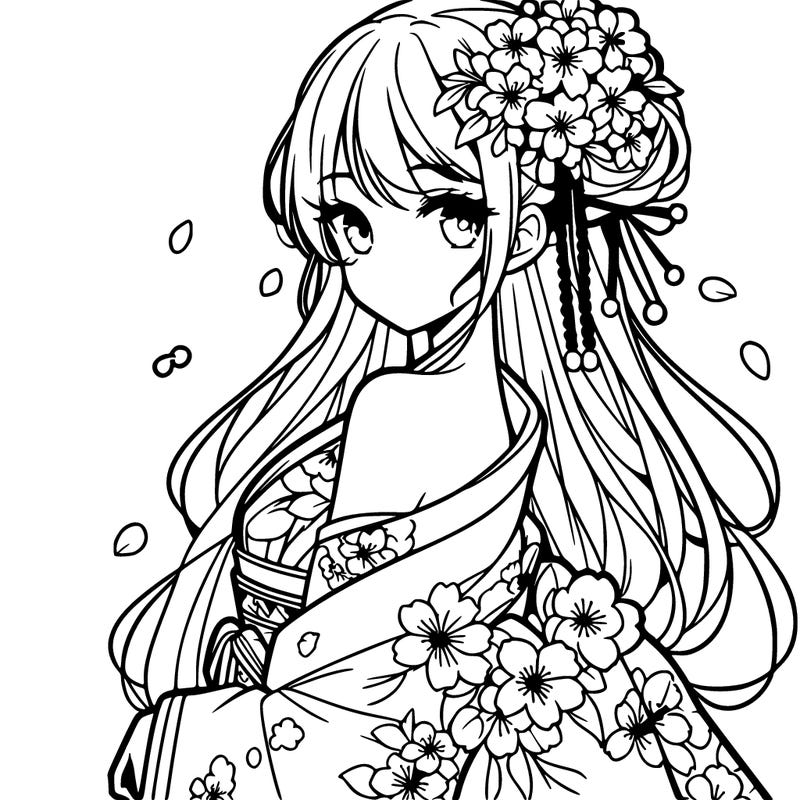 a beautiful anime girl in a cherry blossom kimono
