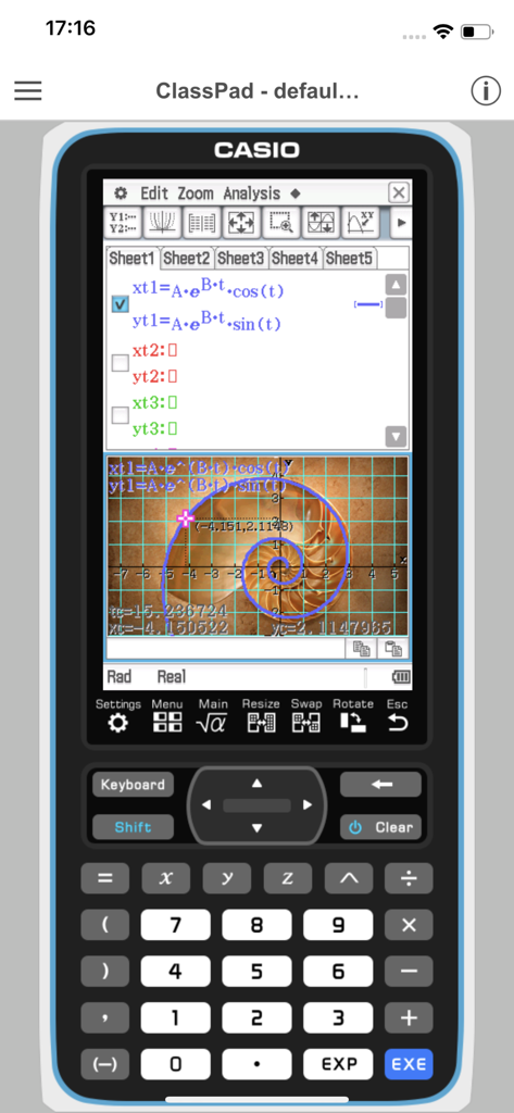 Smartphone screen showing the CASIO ClassPad app with complex equations and a logarithmic spiral graph.