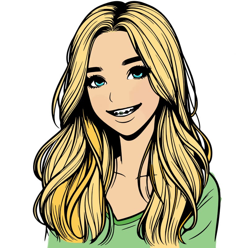 realistic  girl with long hair and braces