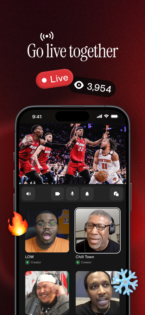 Playback: Stream Together - Un écran de smartphone affichant un match de la NBA en direct sur l'application Playback avec plusieurs flux vidéo de fans et de créateurs réagissant en temps réel.