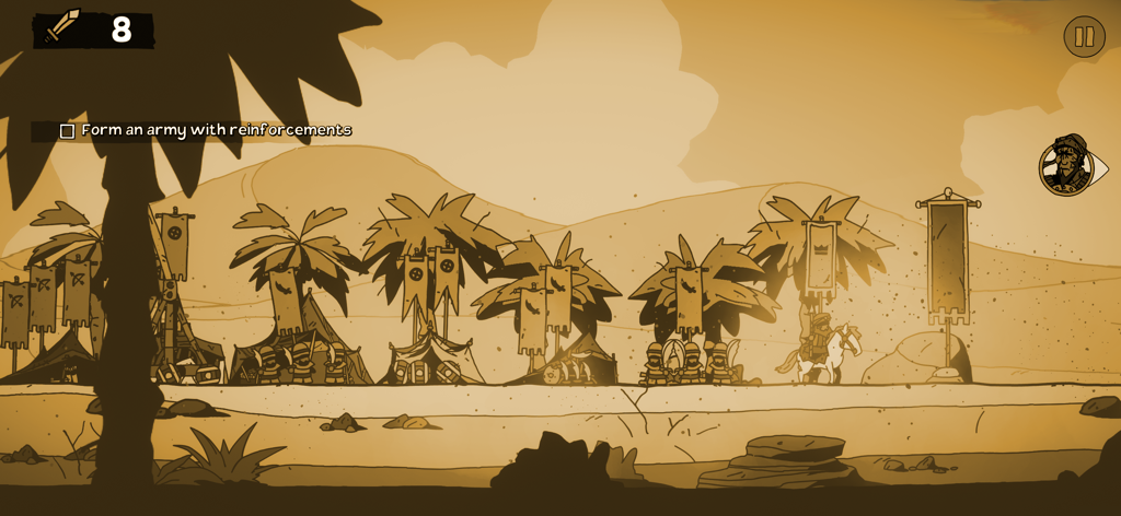 A hand-drawn desert military encampment with soldiers and palm trees in Parabellum Siege of Legends